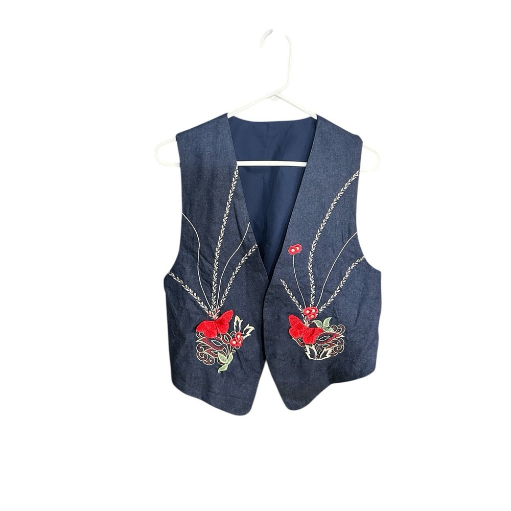 Vintage Denim Look Red Floral Open Vest